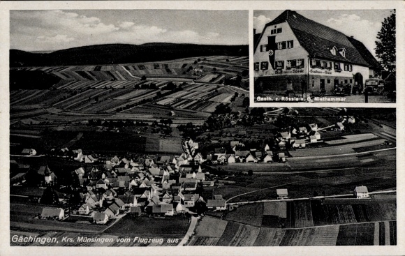 Ak Gächingen Sankt Johann auf der Schwäbischen Alb, Fliegeraufnahme, Gasthaus zum Rössle