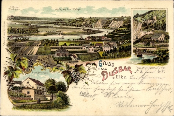 Litho Diesbar Seusslitz aan de Elbe, kasteel Hirschstein, stoombootstation, Gasthof zum Ross
