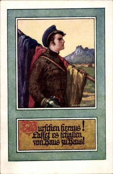Artist Postcard Boys out, Young man with flag