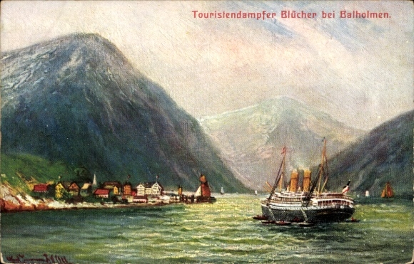 Artysta KP Balholmen Norwegia, parowiec turystyczny Blücher, fiord, HAPAG