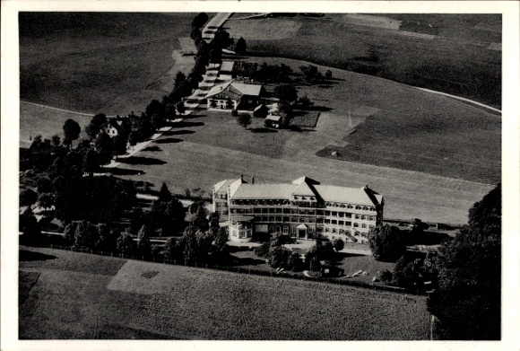 Postcard Traunstein in Upper Bavaria, aerial view of the municipal hospital surroundings, trees