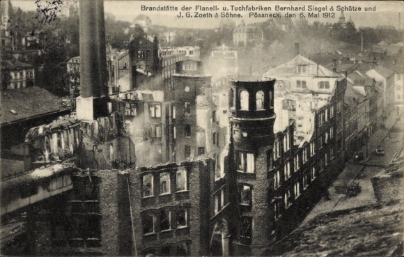 Ak Pößneck, Brandkatastrophe der Tuchfabrik, 1912