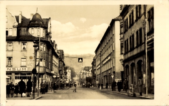 Postcard Sonneberg in Thuringia, party in Bahnhofstrasse, Konsum