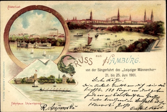 litho Hamburg, Alsterbassin, Alsterlust, Fährhaus Uhlenhorst, Leipzig mannenkoor 1901