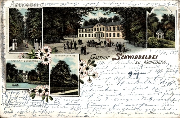 litho Ascheberg in Sleeswijk Holstein, kasteel Ascheberg, gigantische kastanjeboom, Hotel Schwiddeldei