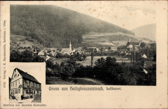 Postcard Heiligkreuzsteinach am Neckar, panorama from the place, inn to the German imperial eagle