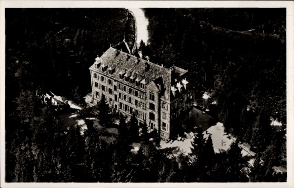 Postcard Bühl in Baden Black Forest, aerial view of a large building surrounded by forest