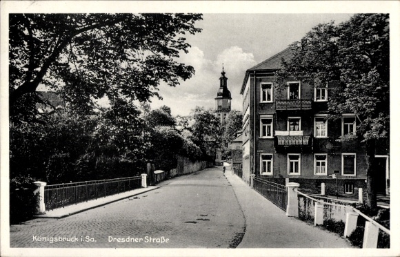 Postcard Königsbrück in Upper Lusatia, street, building, tree, tower,