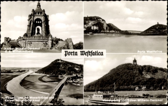 Ak Porta Westfalica aan de Weser, Kaiser Wilhelm Memorial, Weserbogen, Panorama