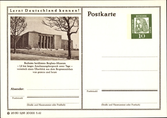 Postwaardekaart ansichtkaart Bochum in het Ruhrgebied, mijnmuseum