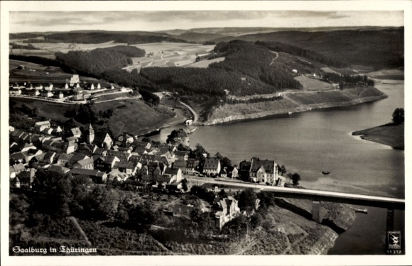 Postcard Saalburg in Thuringia, aerial view of Saalburg, Thuringia, river, hills, houses