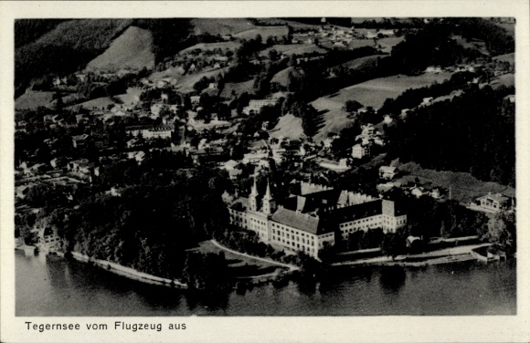Postcard Tegernsee in Upper Bavaria, aerial view of Lake Tegernsee, idyllic landscape, buildings, aircraft