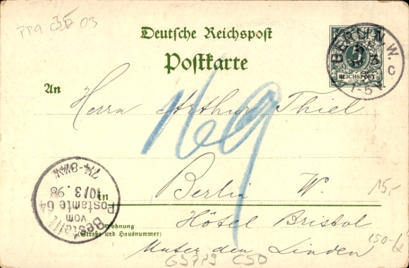 Postwaardestuk litho Berlin Mitte, Monument voor Willem de Grote, Ter nagedachtenis aan 1898, PP 9 C50