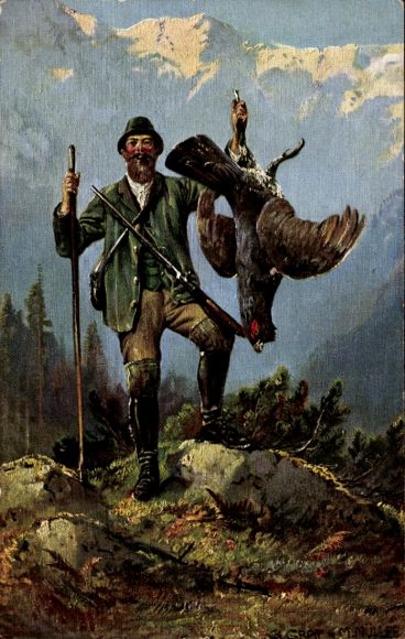 Artist Postcard Müller, M., Hunter with hunted capercaillie