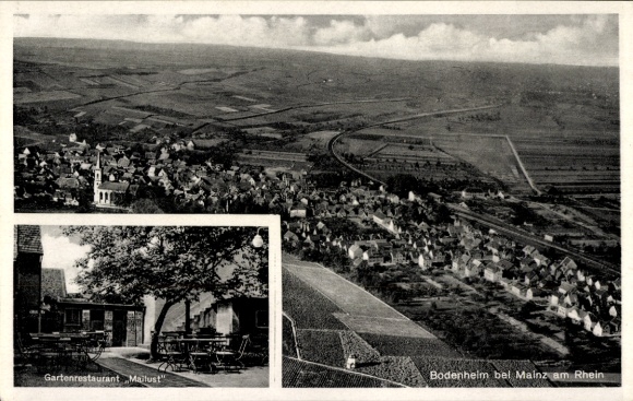 Postcard Bodenheim in Rheinhessen, aerial photograph, Gasthaus zur Mailust