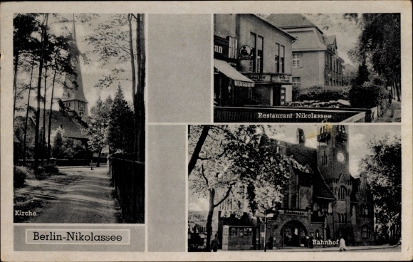 Postcard Berlin Zehlendorf Nikolassee, church, train station, restaurant Nikolassee, Alemannenstraße 11
