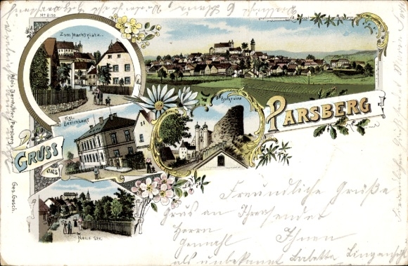 Litho Parsberg in der Oberpfalz, Marktplatz, Bezirksamt, Neue Straße, Burgruine, Panorama