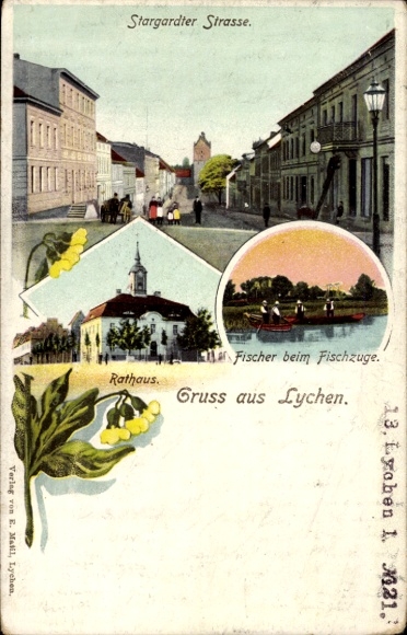 Ak Lychen in der Uckermark, Stargardter Straße, Fischer beim Fischzuge, Rathaus