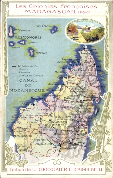 Ak Madagaskar Madagascar, Karte von  Inseln Comores, Kanal von Mosambik, Tananarive