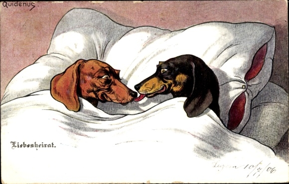 Kunstenaar ansichtkaart Quidenus, Fritz, liefdeshuwelijk, teckel, geliefden