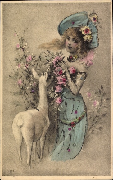 Art Nouveau Glitter Postcard Woman in Blue Dress, Hat, Deer, Flowers