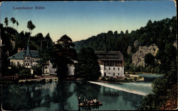 Ansichtkaart Lauenhain Mittweida in Saksen, Lauenhainer-molen met stuw, kabelveer
