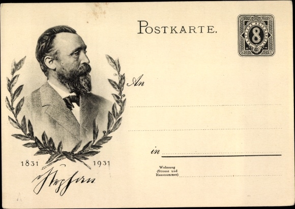 Briefkaart postwaardestuk Heinrich von Stephan, algemeen postdirecteur, jubileum 1931