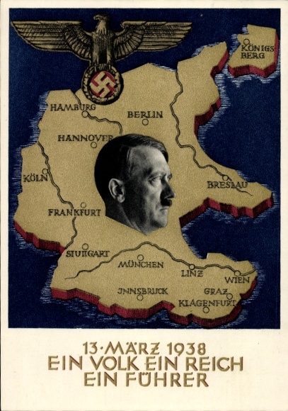 Postcard One People One Reich One Leader, Propaganda, Eagle, Map, Third Reich
