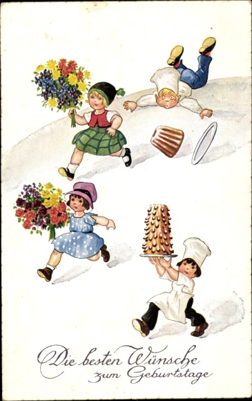 Postcard congratulations birthday, well-wishers rush to the birthday child, cake, flowers