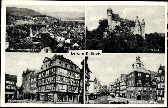 Postcard Herborn in the Lahn Dill district, castle, market square with town hall, from Dollenberg