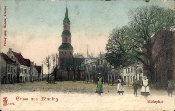 Ak Tönning aan de Eider Noord-Friesland, marktplein met kerk
