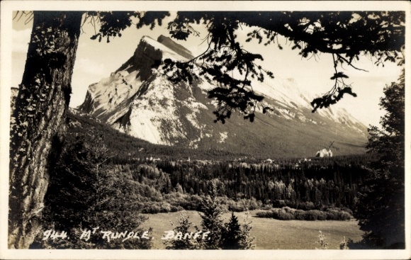 Postcard Banff Alberta Canada, mountain landscape, Rundle Mountain, trees, hotel,