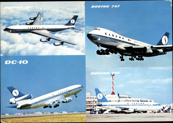 Postcard Douglas DC 10, Boeing 747, Boeing 737, passenger aircraft, Belgian airline Sabena