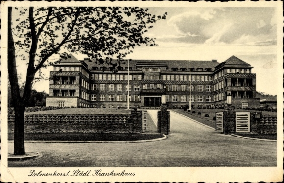 Postcard Delmenhorst in Lower Saxony, municipal hospital, entrance
