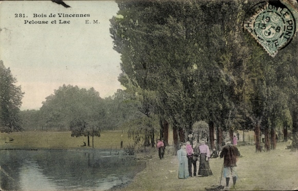 Ansichtkaart Parijs XII Bois de Vincennes, 281. Pelouse et Lac, EM, kleurrijk landschap