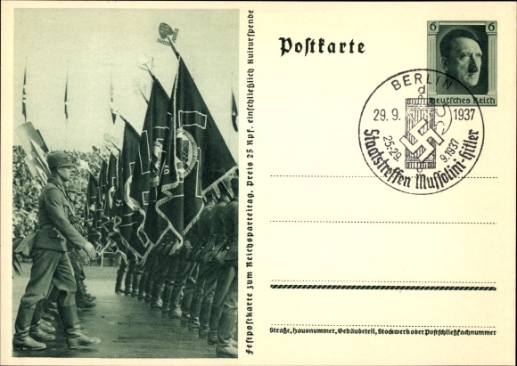 Postal stationery PC Nuremberg, Reich Party Rally 1937, Reich Labor Service, work men, RAD parade