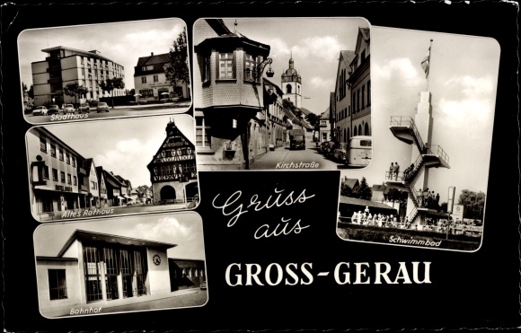 Ak Groß Gerau in Hessen, Teilansichten, Kirchstraße, Schwimmbad, Stadthaus, Rathaus, Bahnhof