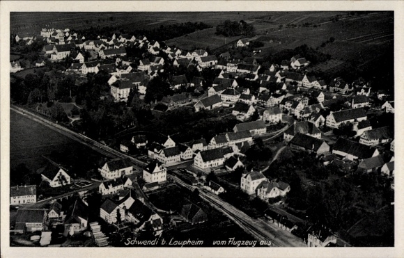 Postcard Schwendi in Upper Swabia, aerial view of Schwendi, many houses, rural surroundings