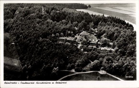 Postcard Helmbrechts in Upper Franconia, aerial photograph, observation tower, restaurant