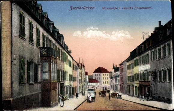 Postcard Zweibrücken in der Pfalz, Maxstraße and district command