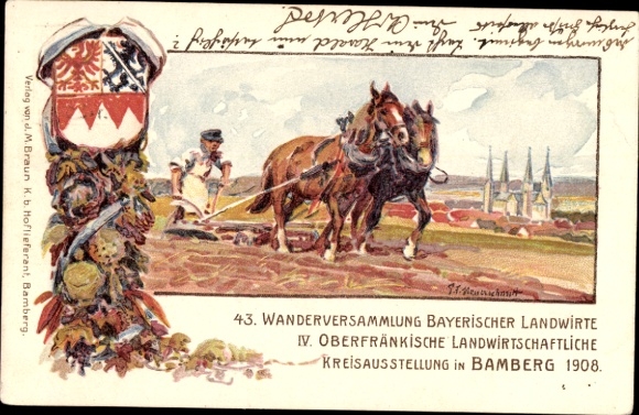 Postwaardestukken Kunstenaar litho Messerschmitt, IV Oberfr. Landbouwtentoonstelling Bamberg 1908