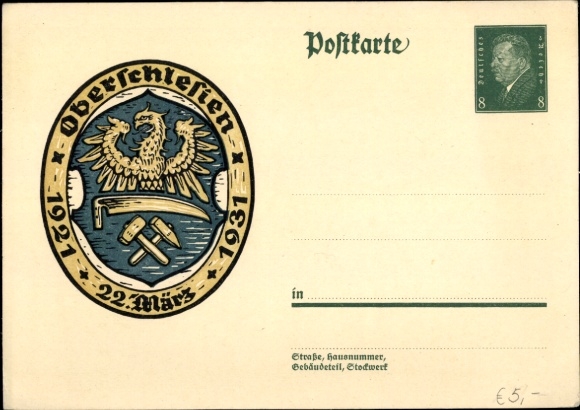 Ganzsachen Ak Oberschlesien, 22 März, 1921 bis 1931, Wappen, 8 Pfennig