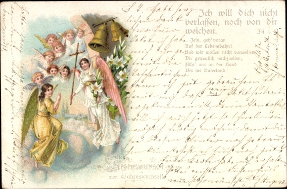 Chromo-Litho Happy New Year, Angels, Bells, Cross, Bible Quote, I don&#39;t want to leave you...