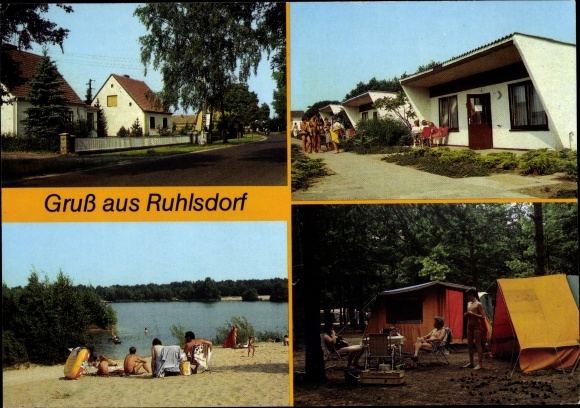 Postcard Ruhlsdorf Marienwerder Brandenburg, campsite E/48, beach at the gravel lake, bungalows