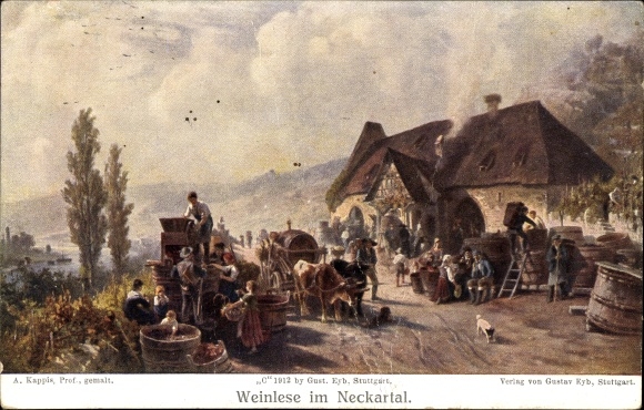Artist Postcard Kappis, A., Grape harvest in the Neckar Valley, cattle cart, vats, winery