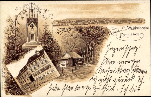 Chromo-Litho Ermsleben Falkenstein Harz, Greetings from the Waldschenke, War Memorial, Hotel Goldener Ring