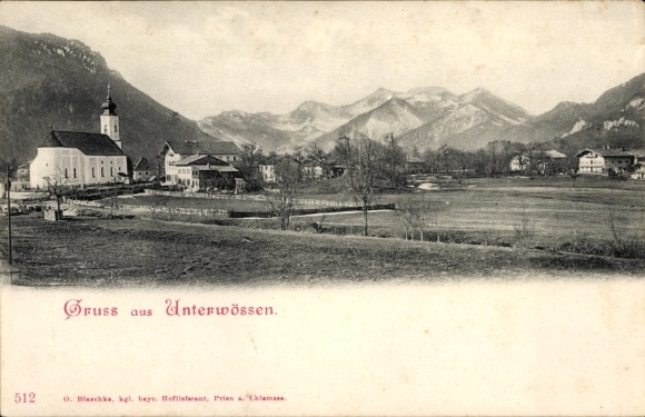 Postcard Unterwössen in Upper Bavaria, panorama of church, mountains in the background