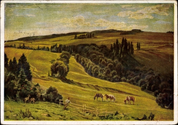Artist PC Traub, Gustav, evening shadows, landscape with horses, HDK 227