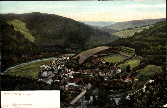 Postcard Treseburg Thale in the Harz, Hotel Weißer Hirsch, Bodetal, panorama