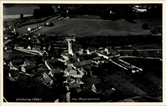 Postcard Winhöring in Upper Bavaria, aerial view of Winhöring, rural area, residential buildings, windmill